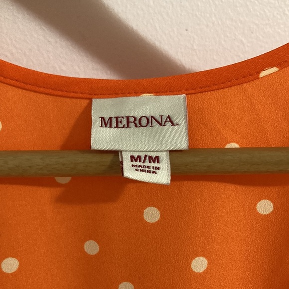 Merona Summer dress sleeveless polka dot orange stretchy waist pockets - Picture 4 of 8